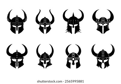 Viking Helmet Clipart Silhouette Set, Horned Helmet Vector Bundle