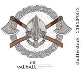 Viking helmet, crossed viking axes and in a wreath of Scandinavian pattern, vector illustration