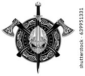 Viking helmet, crossed viking axes and in a wreath of Scandinavian pattern and viking shield, vector illustration