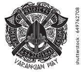 Viking helmet, crossed viking axes and in a wreath of Scandinavian pattern and Norse runes, vector illustration