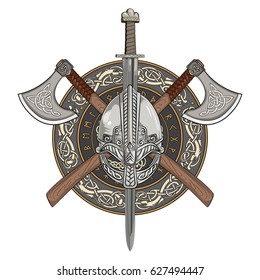 Viking helmet, crossed viking axes and in a wreath of Scandinavian pattern and viking shield, vector illustration