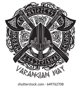 Viking helmet, crossed viking axes and in a wreath of Scandinavian pattern and Norse runes, vector illustration