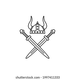 viking helmet with crossed swords logo design vector