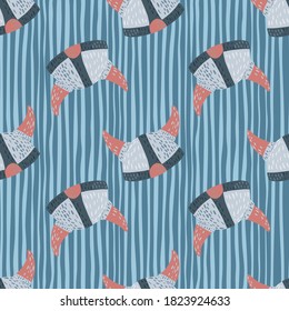Viking helmet doodle seamless pattern. SImple armor silhouettes on blue striped background. Norway backdrop. Great for fabric design, textile print, wrapping, cover. Vector illustration.