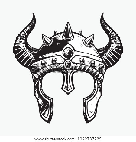 Viking Helmet Hand Drawing Black White Vector de stock (libre de