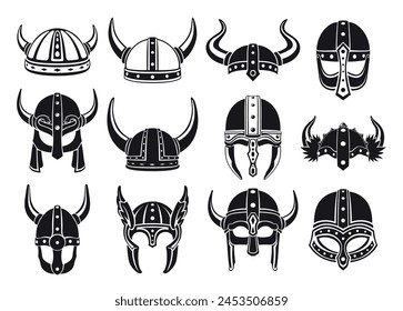 Viking helmet horned helm set black minimalist icon vector flat illustration. Medieval warrior traditional protective head metallic headdress Scandinavian knight ancient cap barbarian army headwear svg