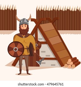 Viking with helmet with horns and axe, shield near lumbermill. Ancient norwegian warrior with mustache and shield near wooden fence. Can be used for historical military and scandinavian theme