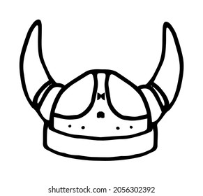 viking helmet with horns. Doodle-style vintage Scandinavian helmet with horns front view, isolated black line on white for design template. Cartoon icon with black doodle viking helmet