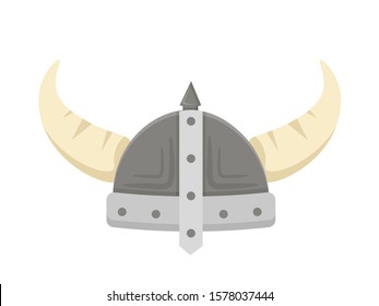 Viking helmet with horns flat vector illustration. Scandinavian warrior headgear isolated clipart on white background. Norseman metal hat. Medieval fighter accessory, barbarian headdress