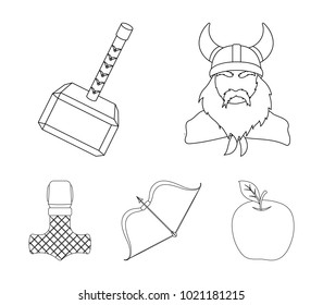 Viking in helmet with horns, mace, bow with arrow, treasure. Vikings set collection icons in outline style vector symbol stock illustration web.