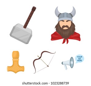Viking in helmet with horns, mace, bow with arrow, treasure. Vikings set collection icons in cartoon style vector symbol stock illustration web.