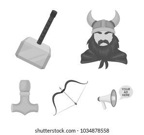 Viking in helmet with horns, mace, bow with arrow, treasure. Vikings set collection icons in monochrome style vector symbol stock illustration web.