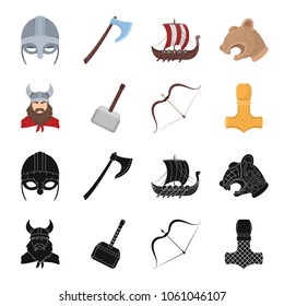 Viking in helmet with horns, mace, bow with arrow, treasure. Vikings set collection icons in black,cartoon style vector symbol stock illustration web.