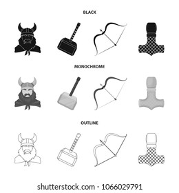 Viking in helmet with horns, mace, bow with arrow, treasure. Vikings set collection icons in black,monochrome,outline style vector symbol stock illustration web.