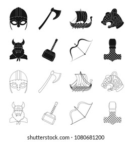 Viking in helmet with horns, mace, bow with arrow, treasure. Vikings set collection icons in black,outline style vector symbol stock illustration web.