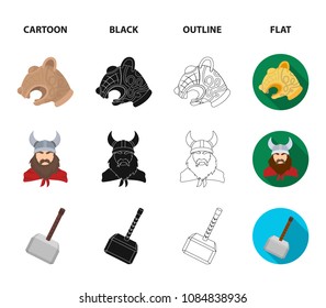 Viking in helmet with horns, mace, bow with arrow, treasure. Vikings set collection icons in cartoon,black,outline,flat style vector symbol stock illustration web.