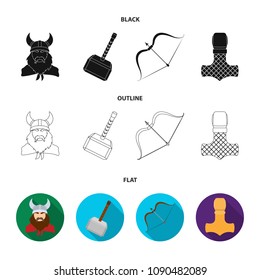 Viking in helmet with horns, mace, bow with arrow, treasure. Vikings set collection icons in black,flat,outline style vector symbol stock illustration web.