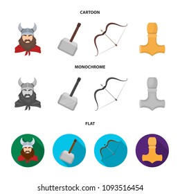 Viking in helmet with horns, mace, bow with arrow, treasure. Vikings set collection icons in cartoon,flat,monochrome style vector symbol stock illustration web.