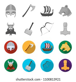 Viking in helmet with horns, mace, bow with arrow, treasure. Vikings set collection icons in monochrome,flat style vector symbol stock illustration web.