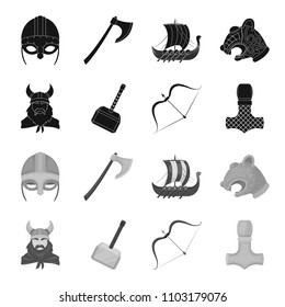 Viking in helmet with horns, mace, bow with arrow, treasure. Vikings set collection icons in black,monochrome style vector symbol stock illustration web.