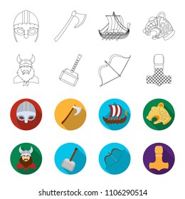 Viking in helmet with horns, mace, bow with arrow, treasure. Vikings set collection icons in outline,flat style vector symbol stock illustration web.
