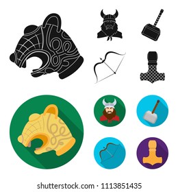 Viking in helmet with horns, mace, bow with arrow, treasure. Vikings set collection icons in black, flat style vector symbol stock illustration web.