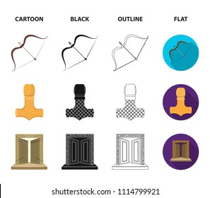 Viking in helmet with horns, mace, bow with arrow, treasure. Vikings set collection icons in cartoon,black,outline,flat style vector symbol stock illustration web.