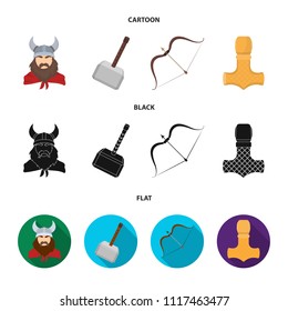 Viking in helmet with horns, mace, bow with arrow, treasure. Vikings set collection icons in cartoon,black,flat style vector symbol stock illustration web.