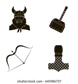 Viking in helmet with horns, mace, bow with arrow, treasure. Vikings set collection icons in black style vector symbol stock illustration web.