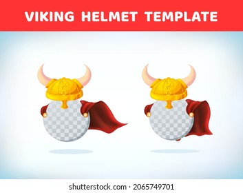 Viking Helmet with horns. Masquerade costume headdress. Carnival or Halloween mask. Cartoon Vector illustration. Red cape. Cartoon template