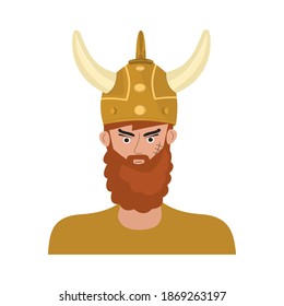 Viking in a helmet with horns, scandinavian warrior, barbarian, vector illustration in flat style