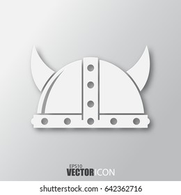 Viking helmet icon in white style with shadow isolated on grey background. For your design, logo. Vector illustration.