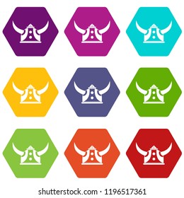 Viking helmet icons 9 set coloful isolated on white for web