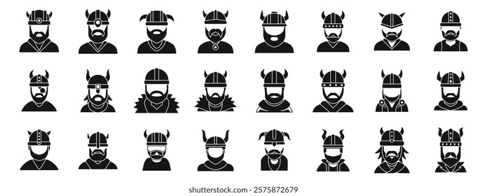 Viking helmet icons set. Set of viking avatars showcasing warriors and explorers wearing horned helmets, furry cloaks, and displaying fierce expressions