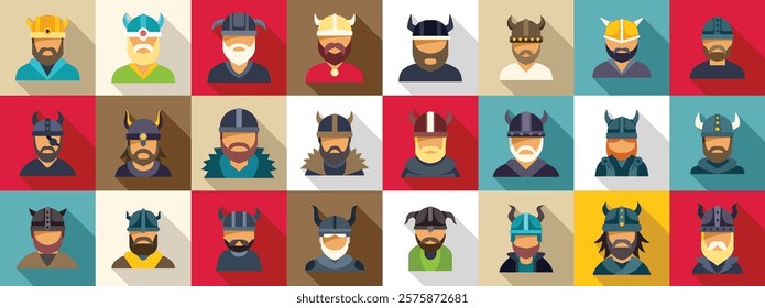 Viking helmet icons set. Collection of viking avatars showcasing various nordic warriors and their distinctive horned helmets