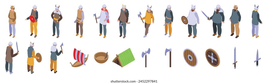 Viking helmet icons set isometric vector. Medieval warrior. Knight beard