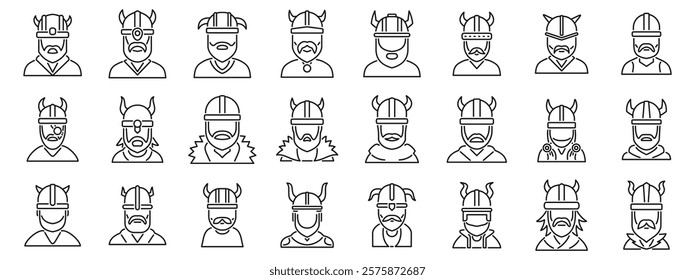 Viking helmet icons set. Viking warriors wearing horned helmets, a set of line art icons representing norse mythology and scandinavian culture