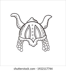 Un casco de Viking. Doodles medievales. Imágenes prediseñadas con vectores dibujadas a mano en el estilo escandinavo sobre un fondo blanco.