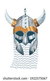 Viking helmet. Medieval Norway armor of people for protection vector illustration. Silver and golden fighter hat with horns and decorative elements isolated on white background.