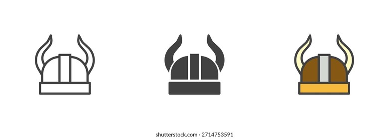 Viking helmet medieval warrior different style icon set. Line, filled outline and solid color vector icon. Norse symbol, battle sign, history icon.