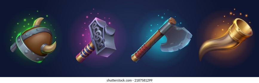 Viking Helmet, Nordic Weapons And Bugle Horn For Game Ui Design. Vector Cartoon Set Of Medieval Norse Barbarian Armour, Hammer With Celtic Ornament, Ax And Hat With Horns