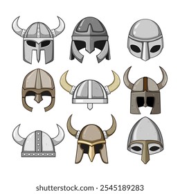 viking helmet set cartoon. medieval armor, scandinavia saga, raider seafaring viking helmet sign. isolated symbol vector illustration