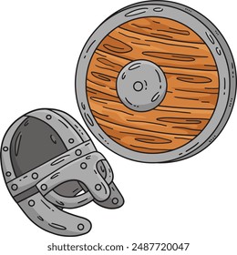 Viking Helmet and Shield Cartoon Colored Clipart