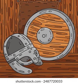 Viking Helmet and Shield Colored Cartoon 