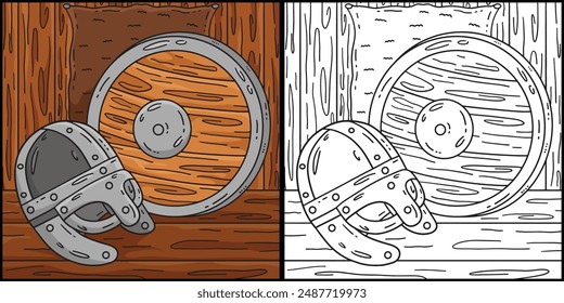 Viking Helmet and Shield Coloring Illustration