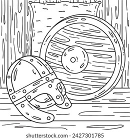 Viking Helmet and Shield Coloring Page for Kids