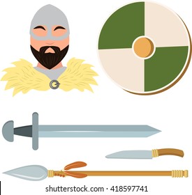 Viking in helmet with a shield with sword and spear