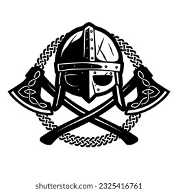 Casco vikinés y dos hachas.