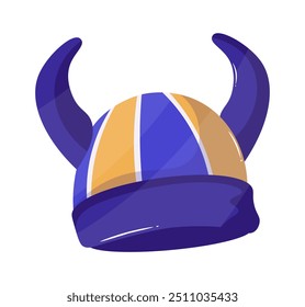 A viking helmet in a vector illustration showing scandinavian culture in flat art design The helmet is yellow and purple with horns