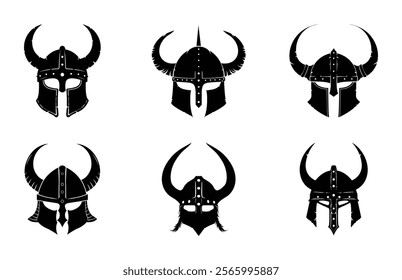 Viking Helmet Vector Silhouette Bundle, Horned Helmet Black Clipart Set